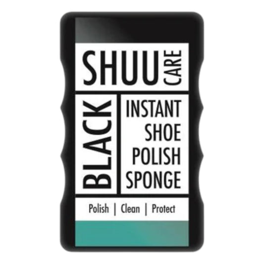 A black and teal shoe polish sponge with 'Shuu Care Instant Shoe Polish Sponge' text on it.