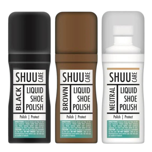 Three bottles of Rapide Shuu Liquid Shoe Polish in black, brown, and neutral colors, labeled for shoe care.