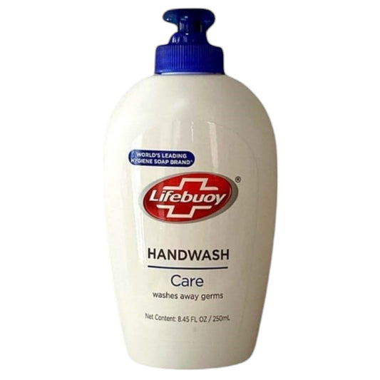 A bottle of Lifebuoy Handwash with a blue cap and red and white brand labeling.