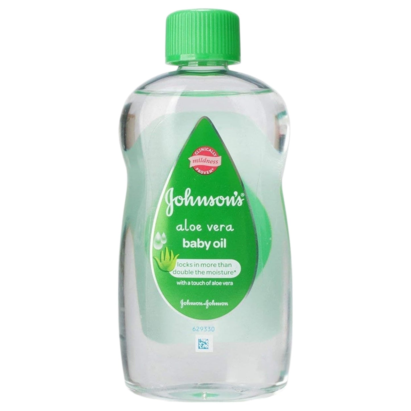 A bottle of Johnson's Aloe Vera Baby Oil with a green cap and label, on a white background.