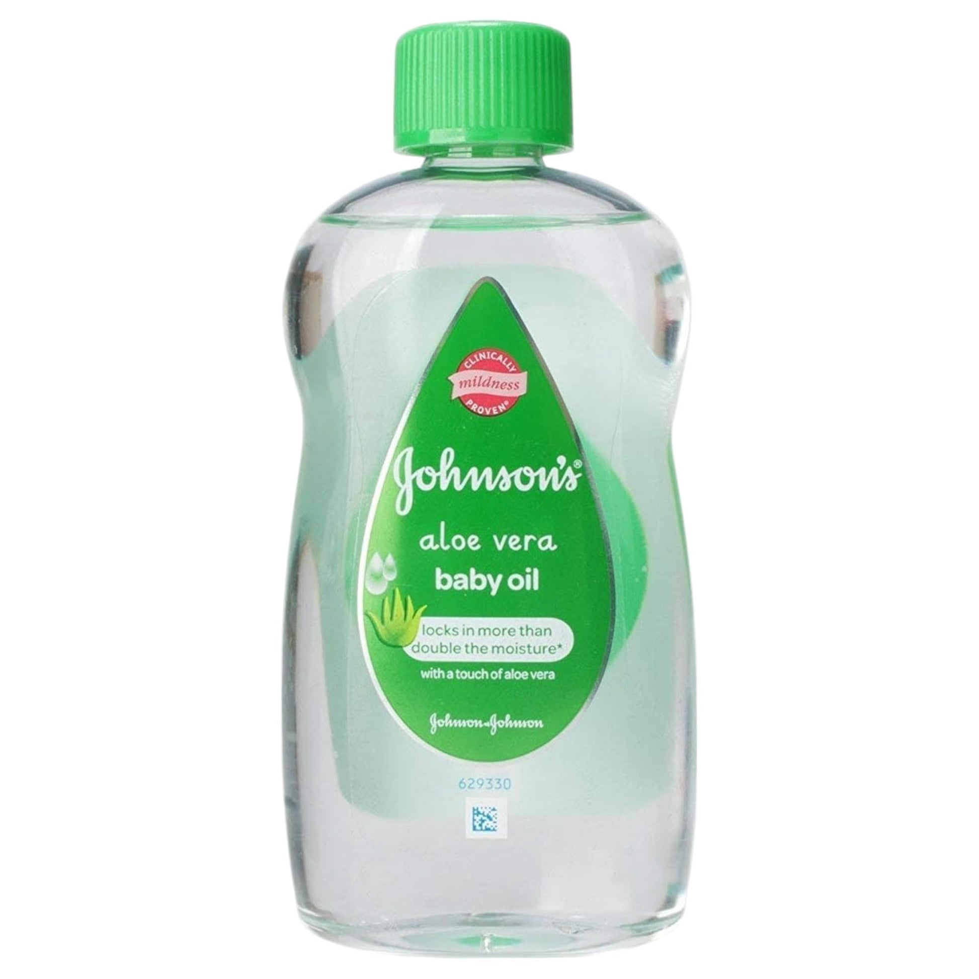 A bottle of Johnson's Aloe Vera Baby Oil with a green cap and label, on a white background.