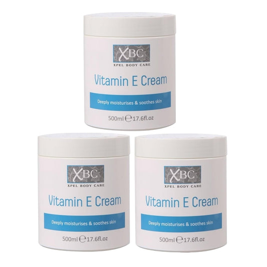 Three tubs of XBC Vitamin E Cream, each labeled and indicating a 500ml quantity.