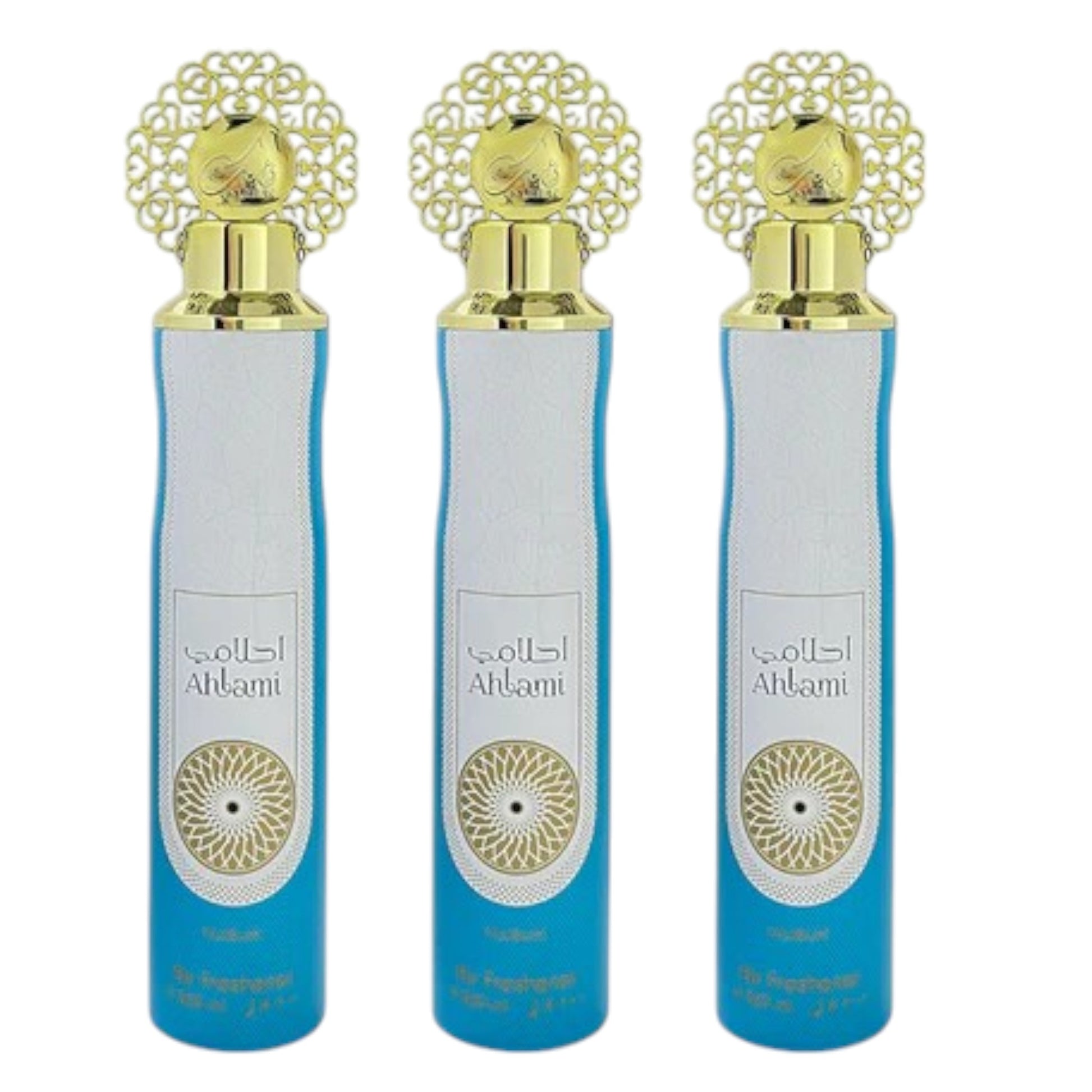Three bottles of Ahlami Nuqat air freshener with gold-colored caps and blue bodies, displayed against a white background.