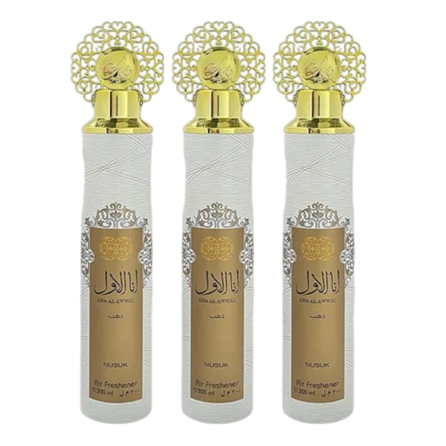 Three bottles of Ana Al Awwal air freshener with decorative caps and white and gold labels, set against a white background.