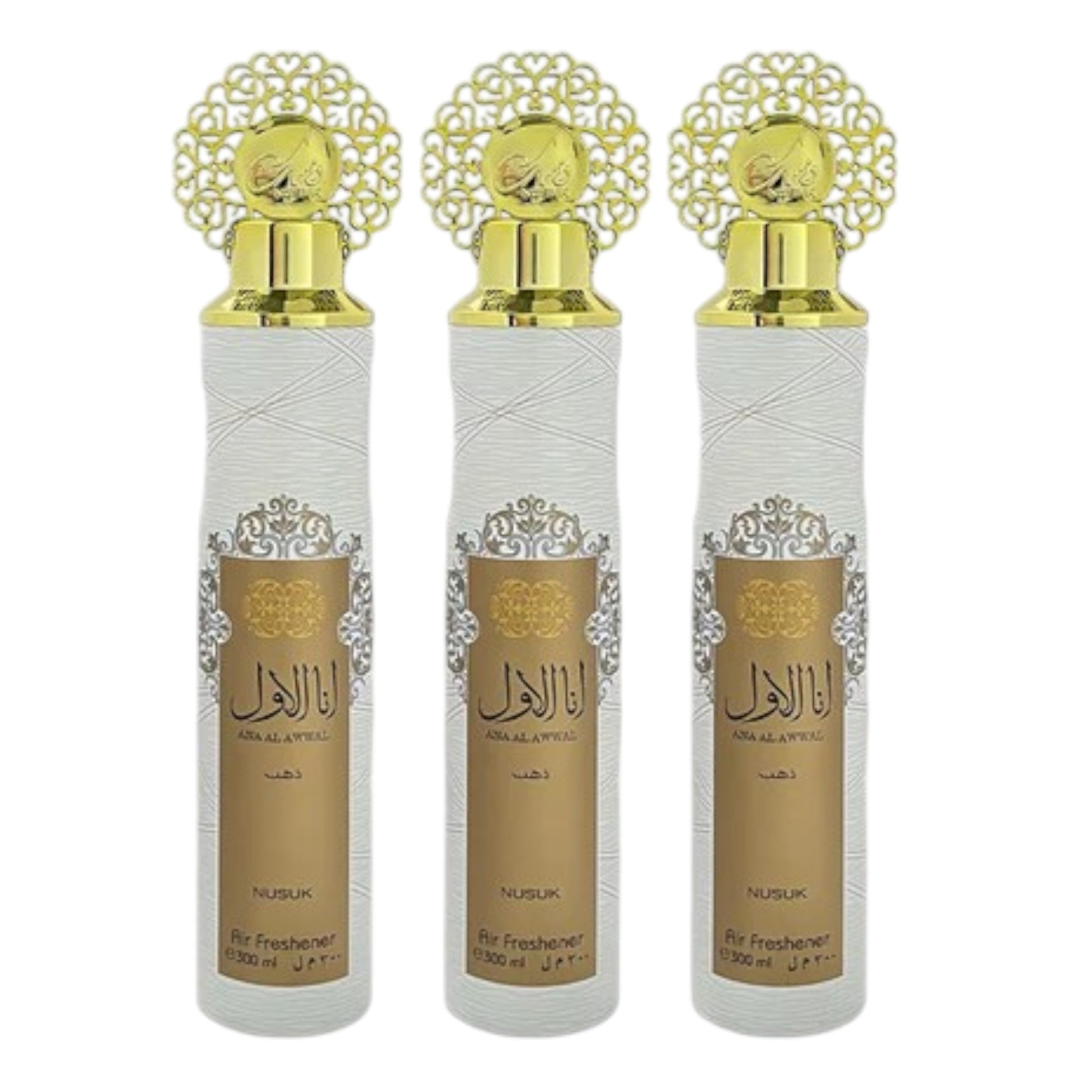 Three bottles of Ana Al Awwal air freshener with decorative caps and white and gold labels, set against a white background.