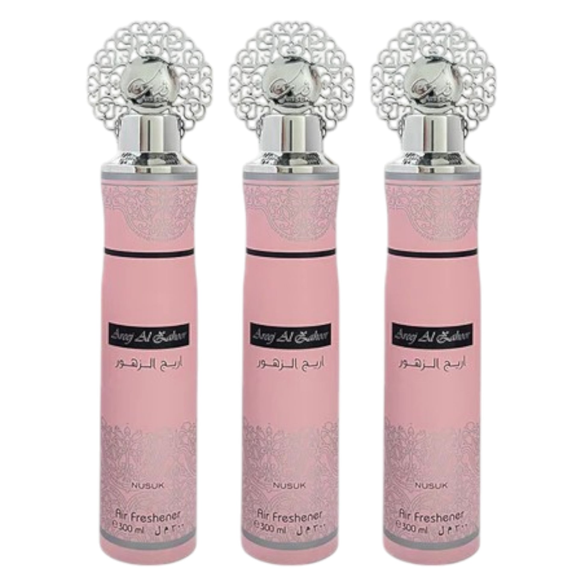 Three bottles of Areej Al Zahoor air freshener with pink packaging and decorative silver caps.