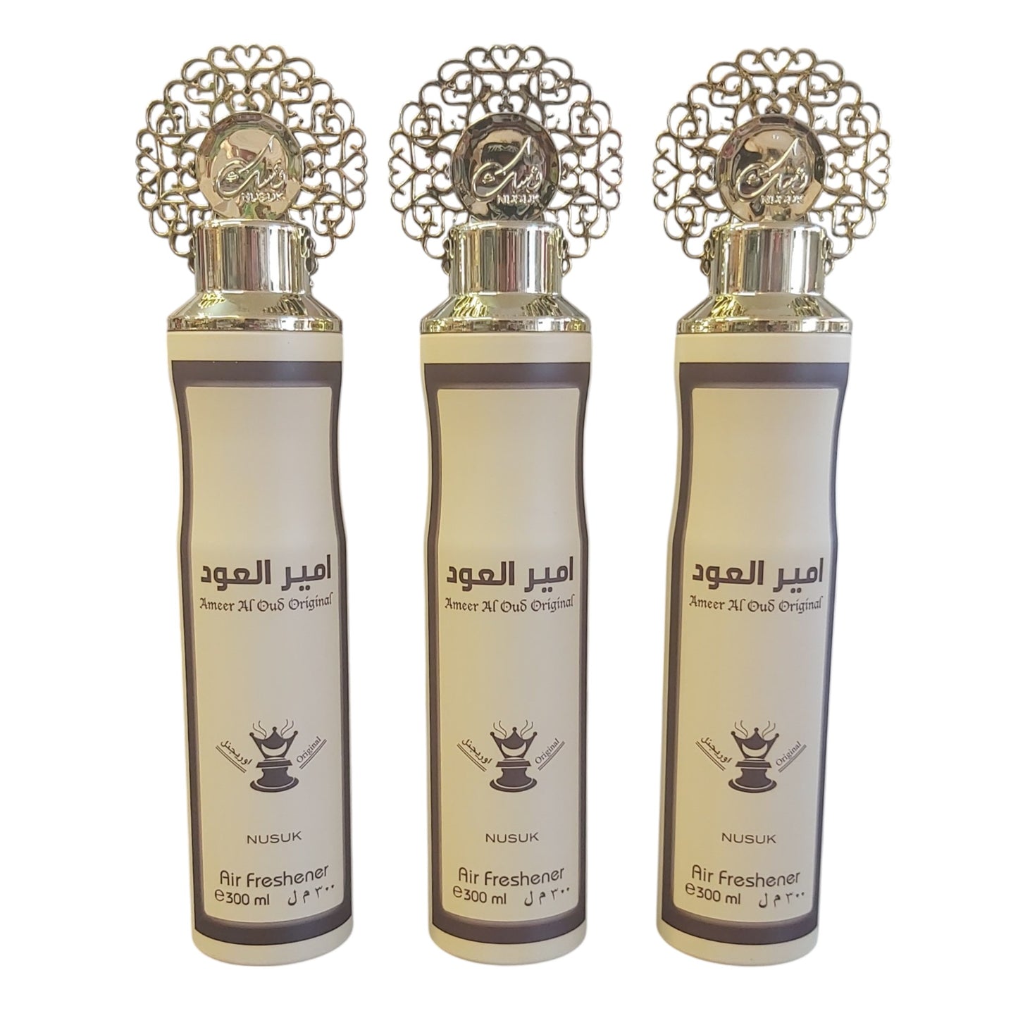 Three bottles of Air Freshener Ameer Al Oud Original in 300ml containers, with decorative caps.