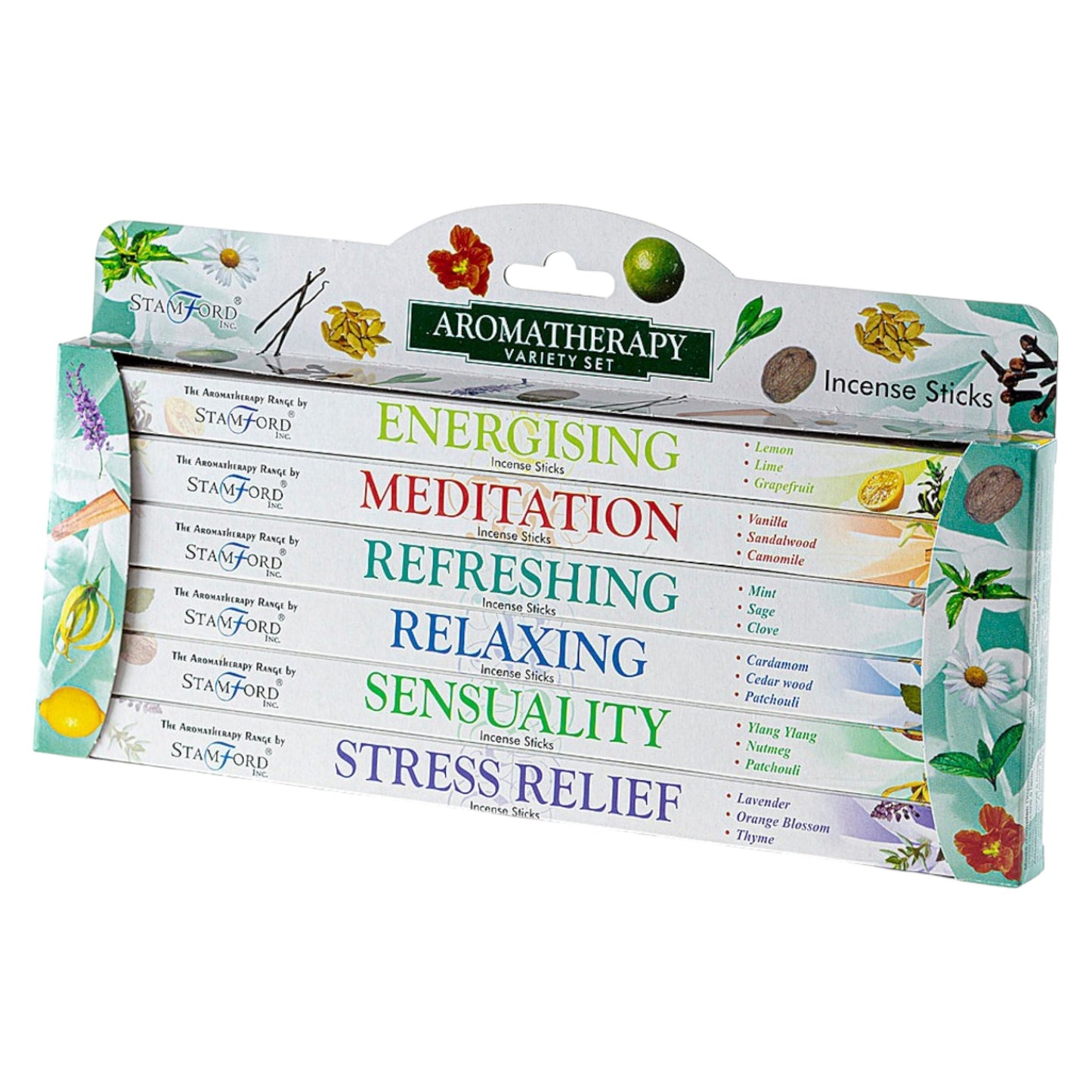 A pack of six incense sticks with various labels such as 'Energising', 'Meditation', 'Refreshing', 'Relaxing', 'Sensuality', and 'Stress Relief', each with different floral and color-themed designs.