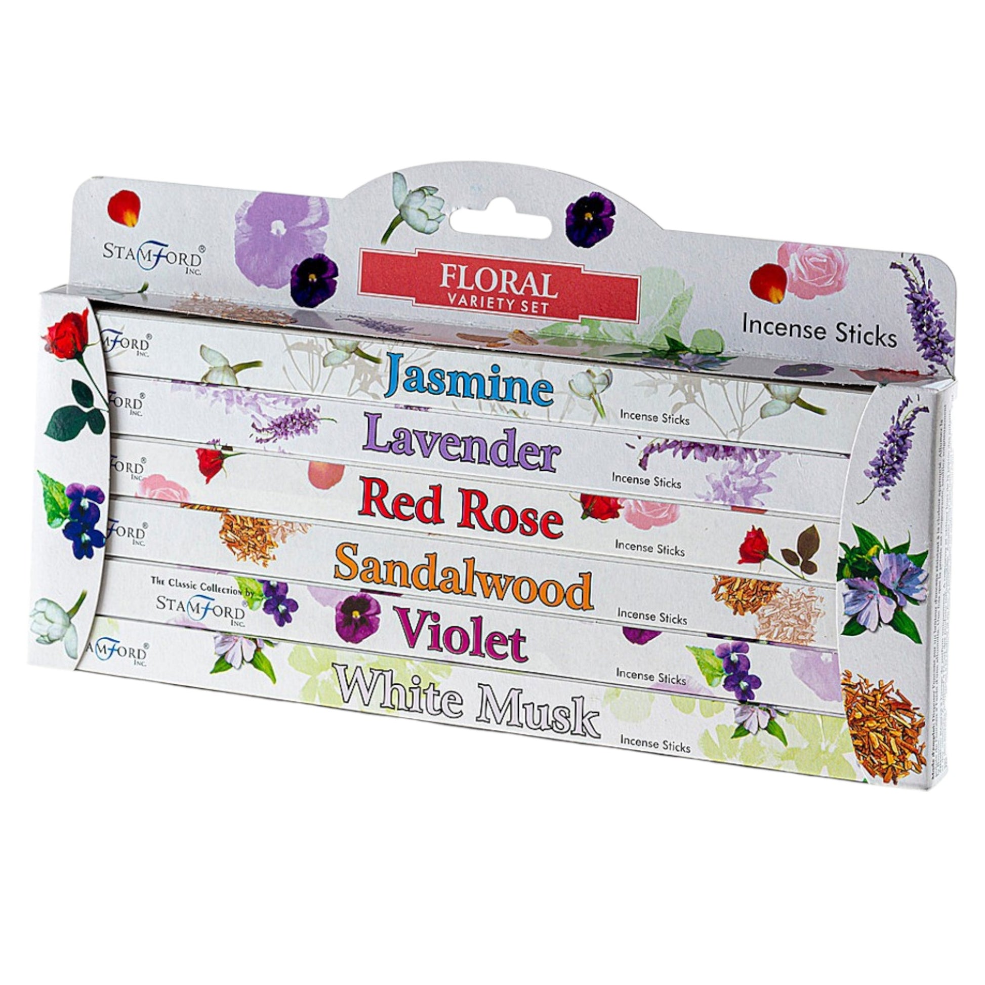 A pack of Floral Incense Sticks with various labels such as Jasmine, Lavender, Red Rose, Sandalwood, Violet, and White Musk, indicating different scents.
