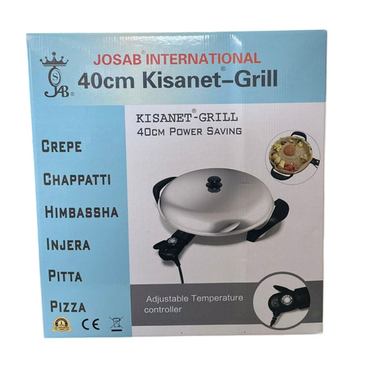 Packaging for a 40cm Kisanet Electric Injera Mitad Mogogo Stove, displaying the product and its uses such as for cooking crepes, injera, and pizza.
