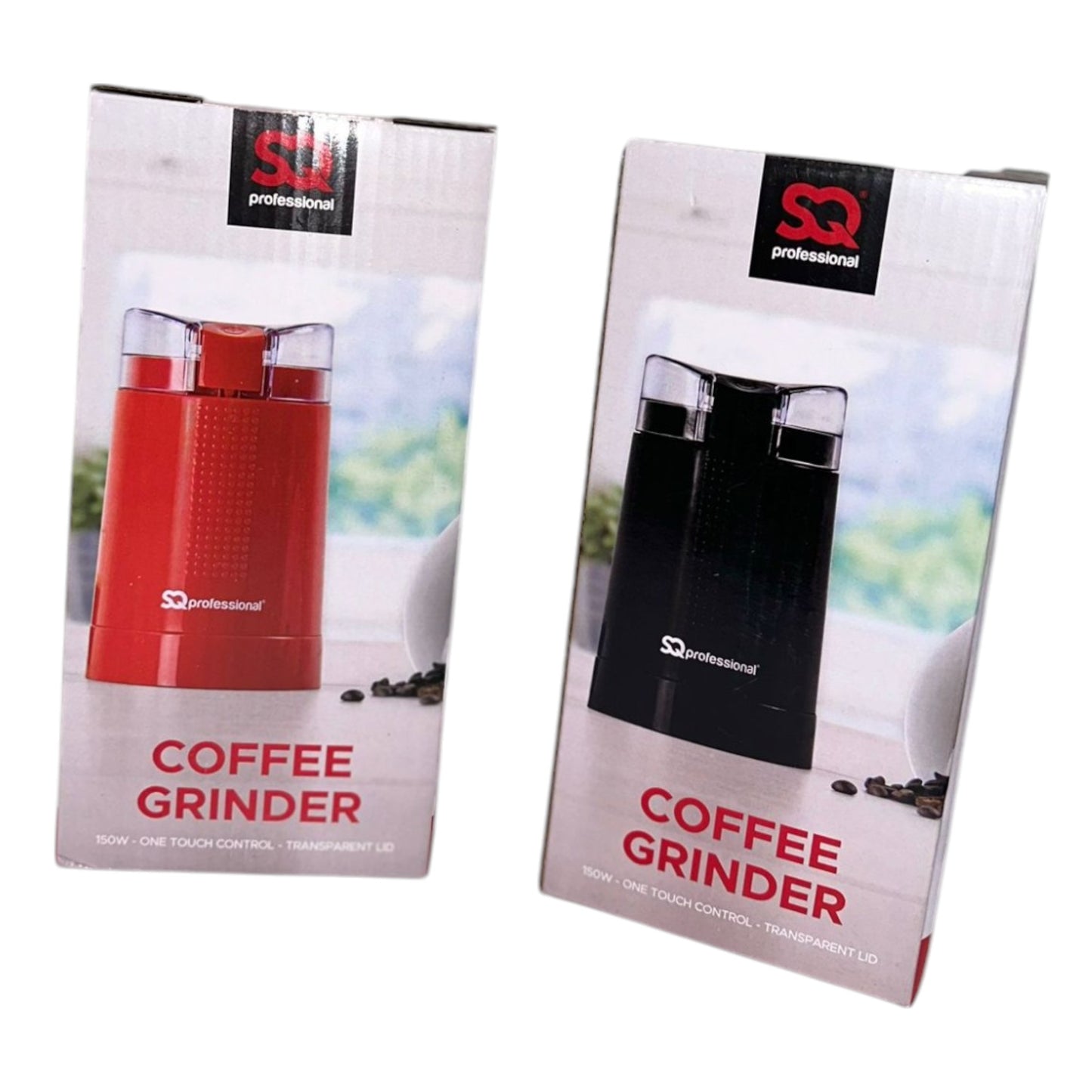 Two SQ Professional coffee grinder machines, one red and one black, packaged in their respective boxes.