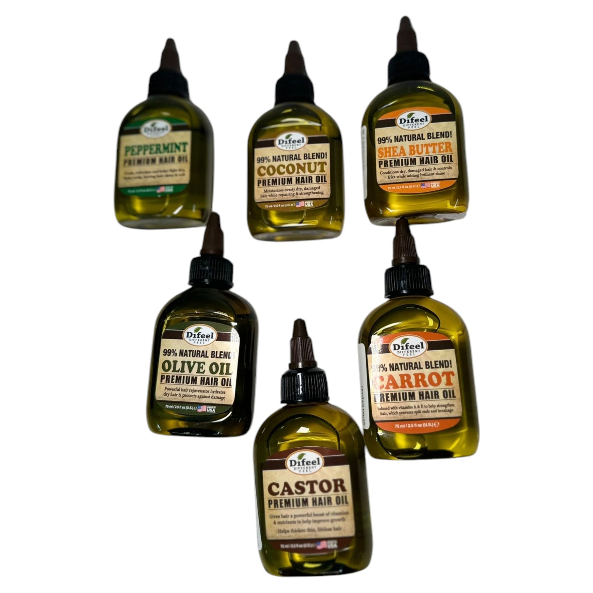 A collection of six Difeel Premium Hair Oil bottles in different flavors including olive oil, coconut oil, and carrot oil.