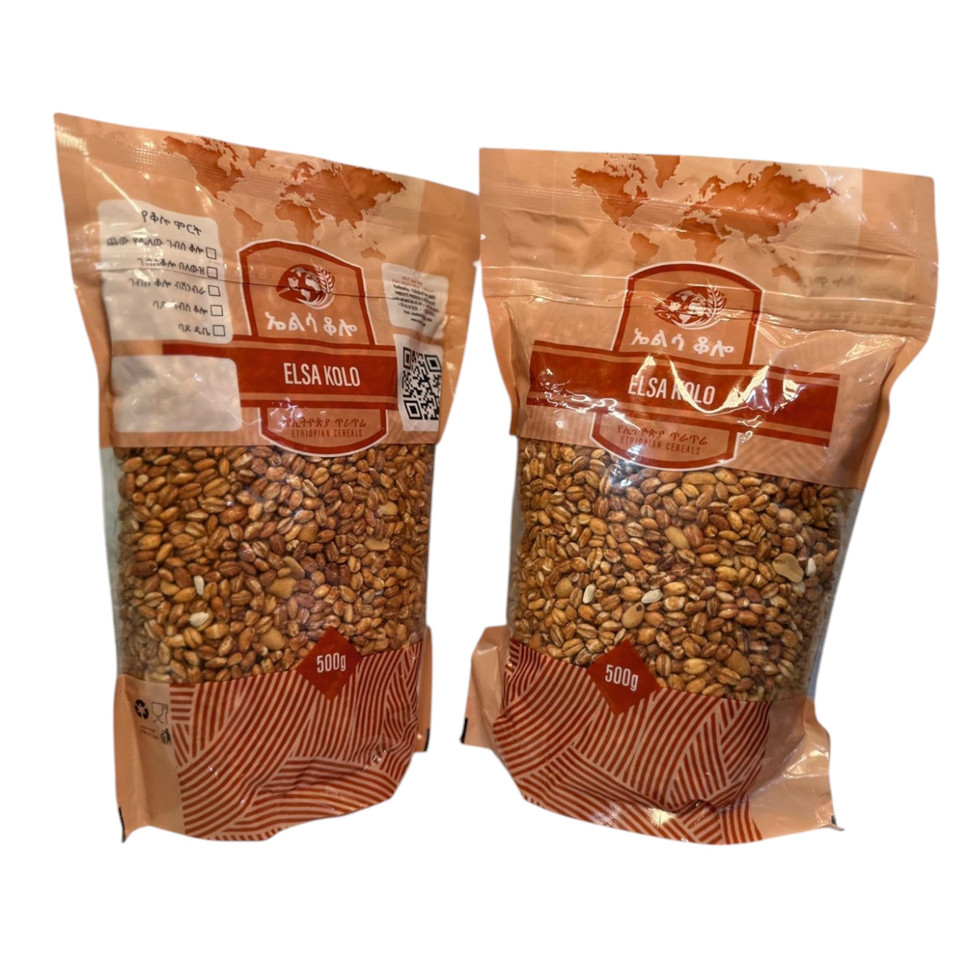 Two packages of Elsa Kolo Ethiopian Cereal snack, with visible cereal grains through the transparent window of the packaging.
