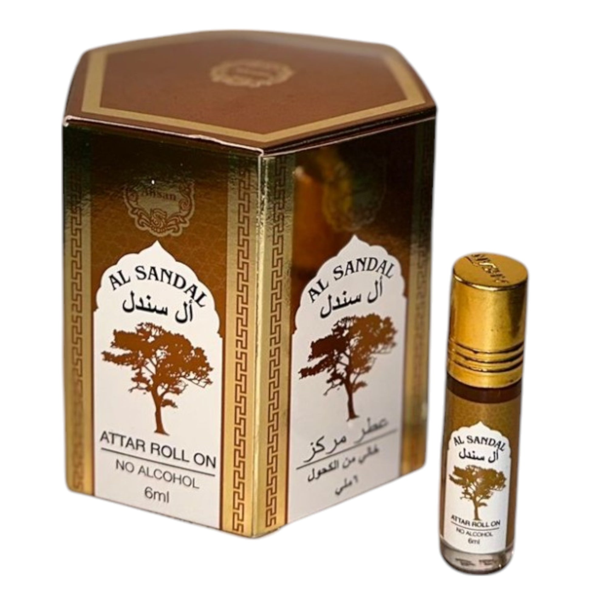 A product image showing a small roll-on perfume bottle next to its packaging box, with branding and Arabic script visible.