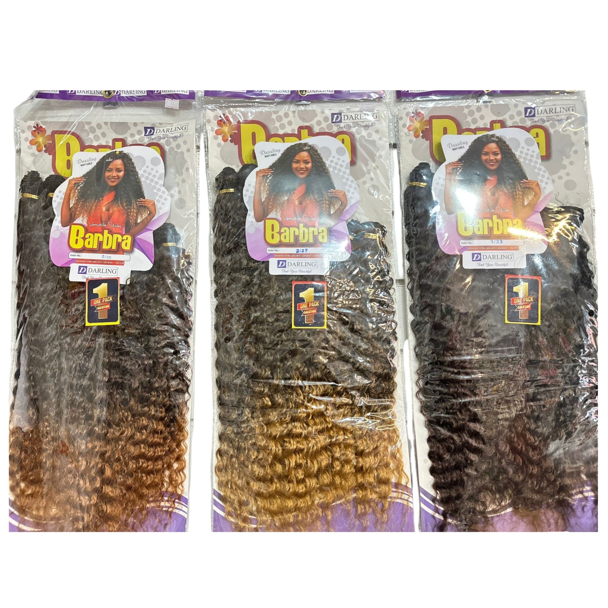Three packages of Barbra hair extensions featuring wavy curls in different shades, displayed against a white background.