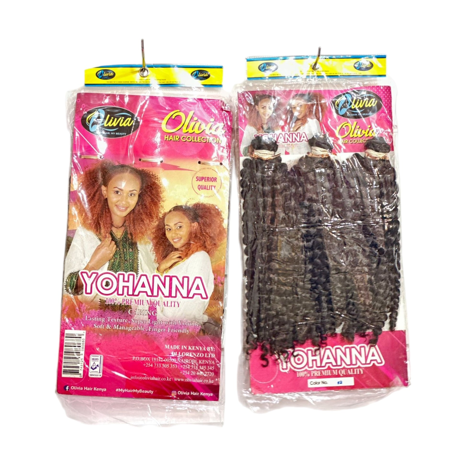 Two packages of Yohanna Habesha hair extensions. Each package shows a picture of a woman with voluminous hair and the hair extensions themselves in loose curls.