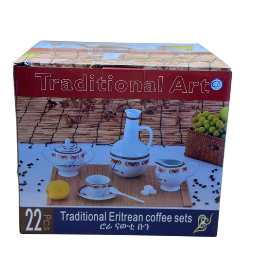 A 22-piece traditional Eritrean Jebena coffee set in a box, featuring various cups and a pot with a design that includes the Eritrean flag.