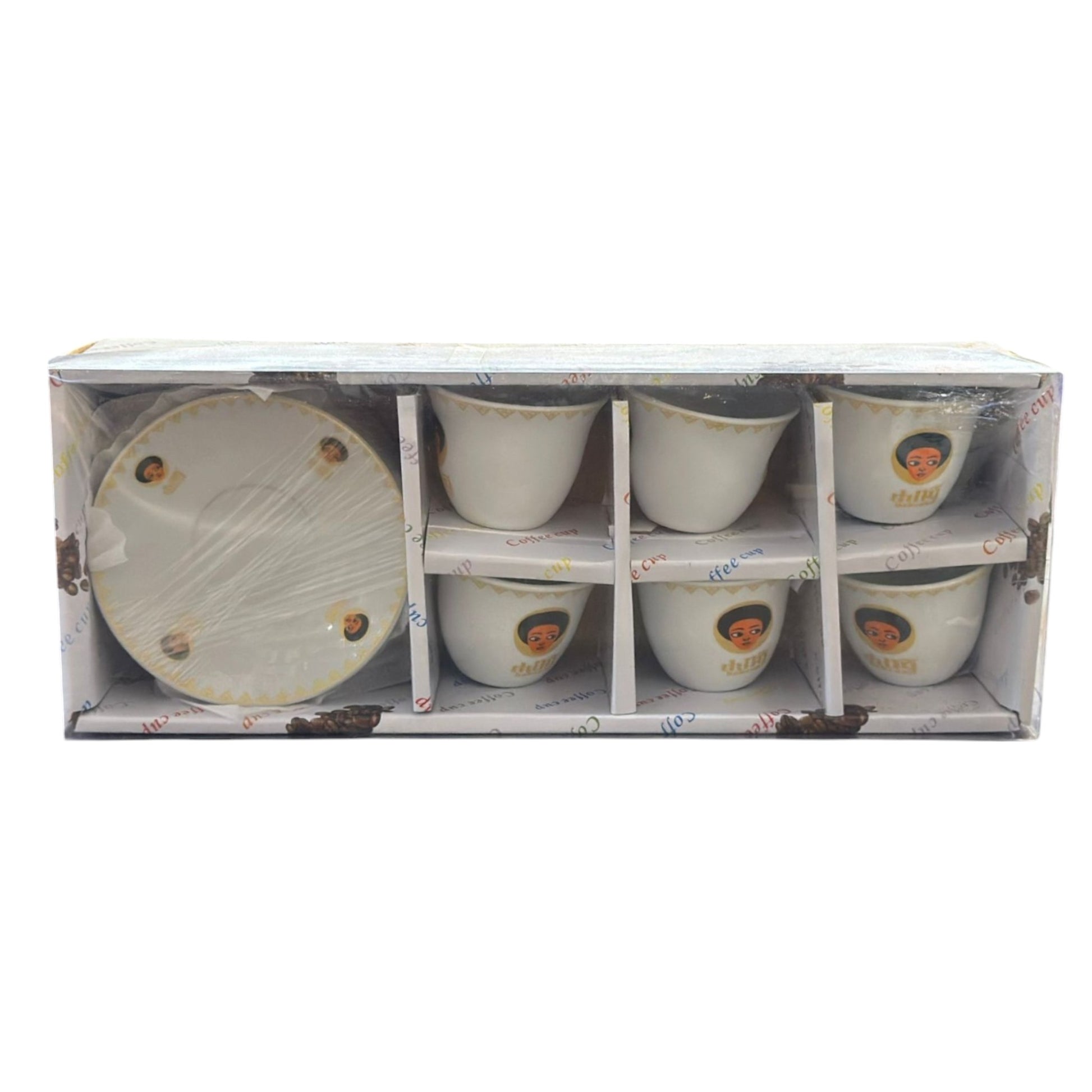 A set of Habesha traditional styled ceramic coffee cups and plates, packaged in a box.