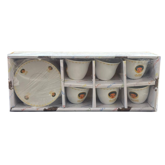 A set of Habesha traditional styled ceramic coffee cups and plates, packaged in a box.