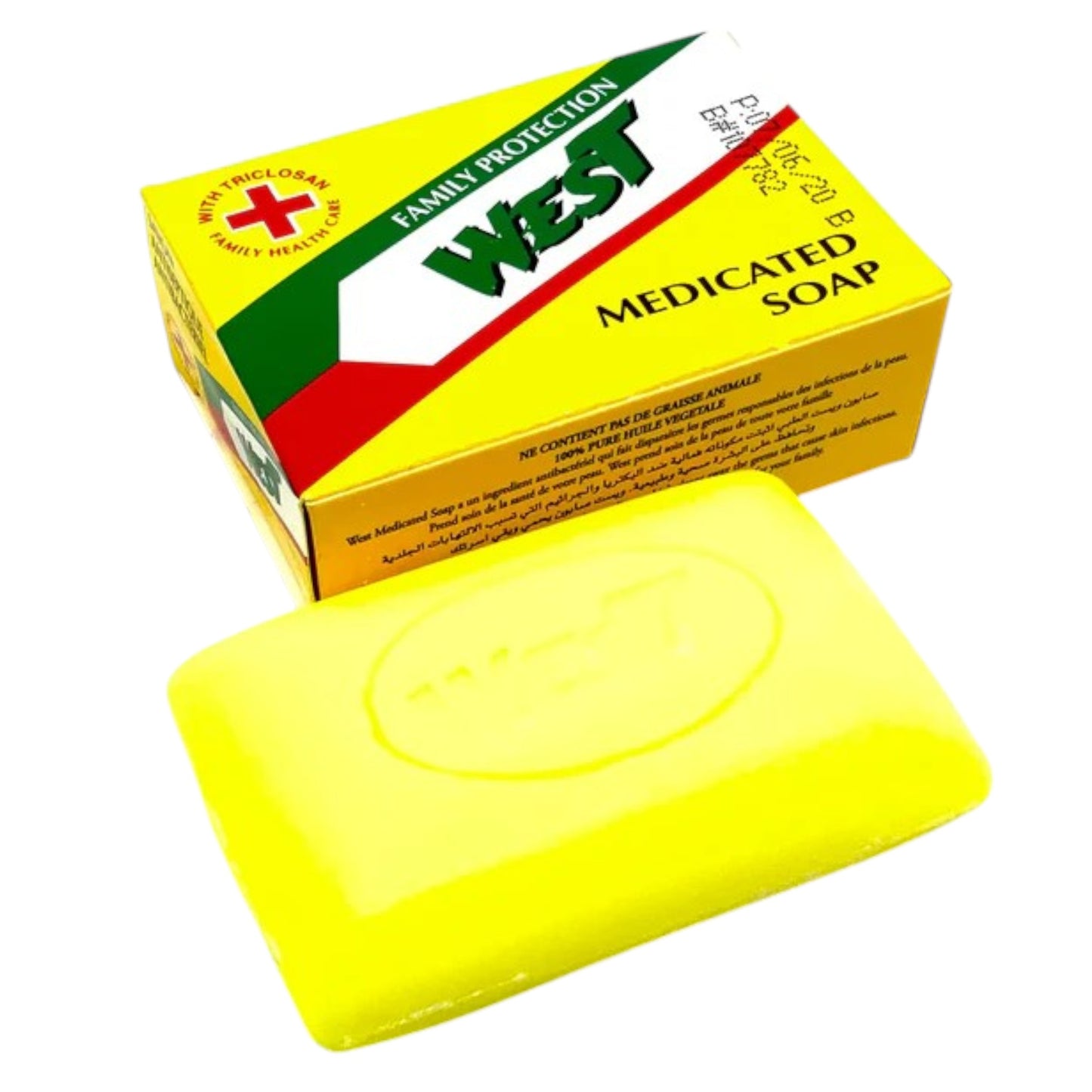 A yellow bar of medicated soap in front of its packaging box, which has the brand name 'West' and a red cross symbol on it.