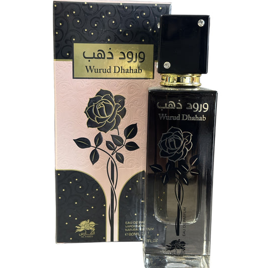 Wurud Dhahab perfume bottle and packaging with rose design on a white background