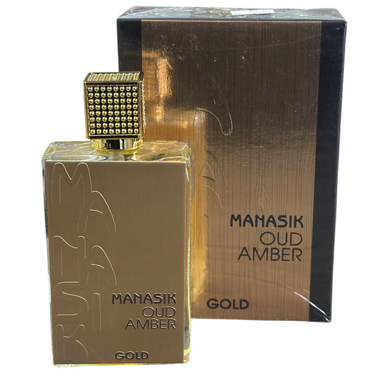 Manasik Oud Amber Gold perfume bottle and packaging on a white background