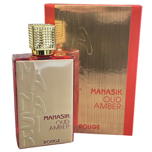 Manasik Oud Amber Rouge perfume bottle and packaging on a white background