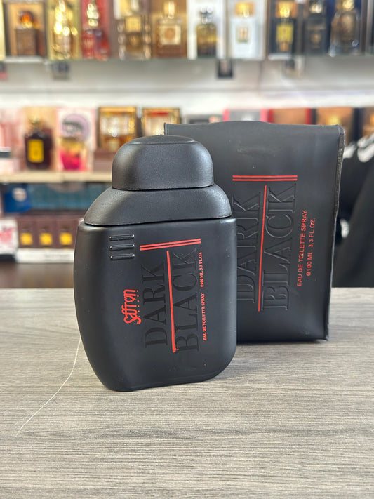 Black perfume bottle and packaging with 'Dark Black' text on a textured surface.