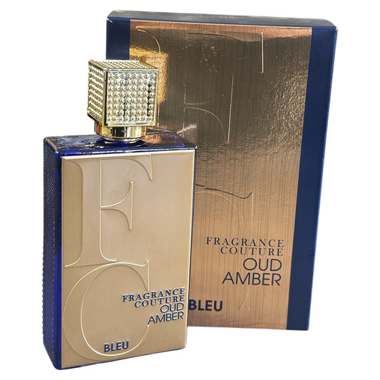 Fragrance Couture Oud Amber Bleu perfume bottle with packaging on a white background