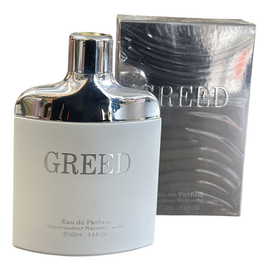Greed perfume bottle and packaging on a white background