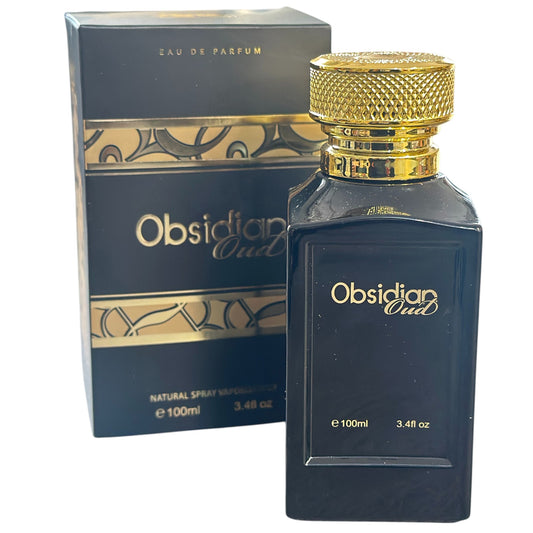 Obsidian Oud perfume bottle and packaging on a white background