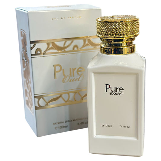 Perfume bottle and packaging of 'Pure Oud' on a white background