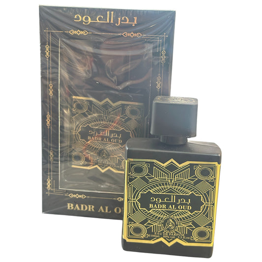 Badr Al Oud perfume bottle and packaging on a white background