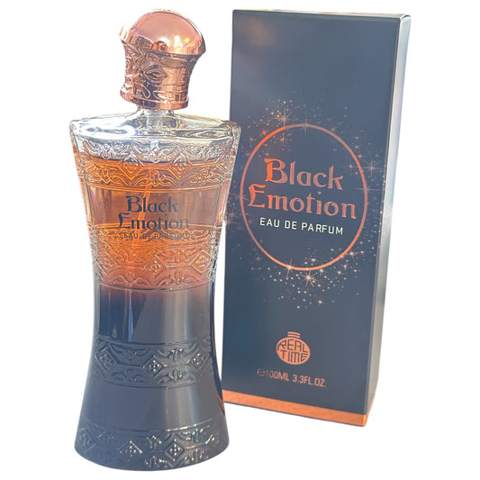 Perfume bottle and packaging of 'Black Emotion' Eau de Parfum on a white background
