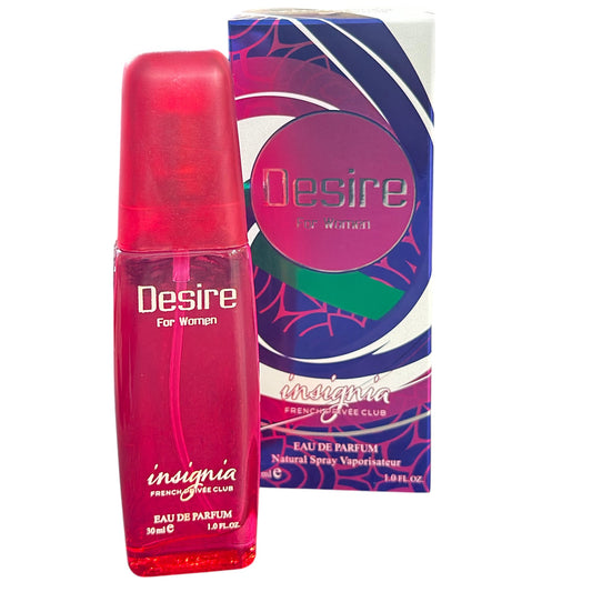 Red perfume bottle and packaging with 'Desire' branding on a white background