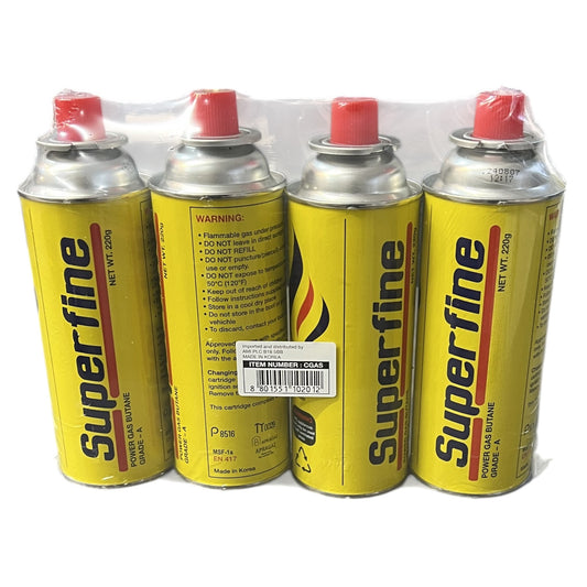 A pack of four yellow gas canisters with red caps labeled SuperFine.