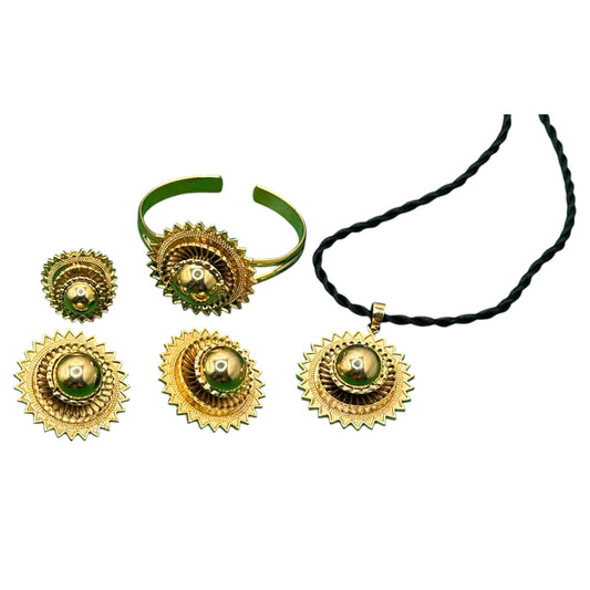 A set of Traditional Habesha women's jewellery, including gold-plated earrings, a bracelet, and a necklace with a black thread chain.