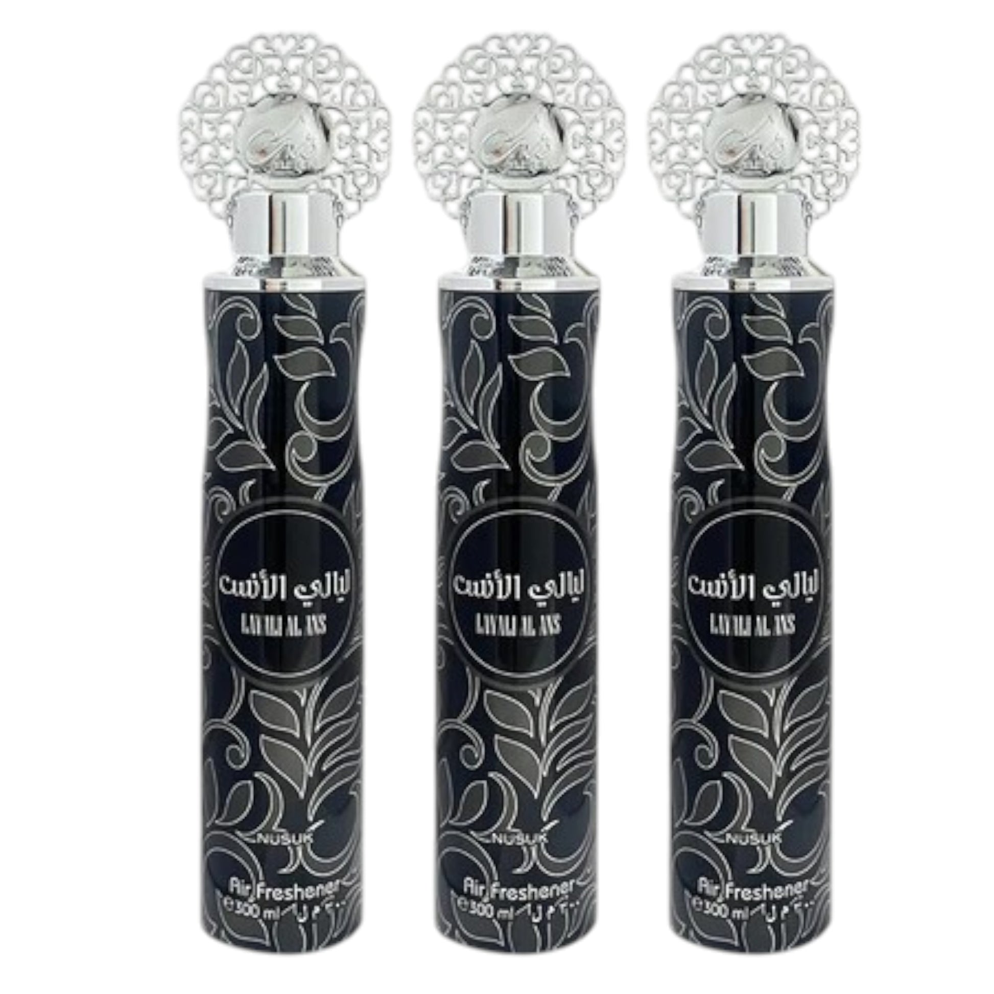 Three bottles of Nusuk air freshener with black labels and silver floral designs, 300ml each.