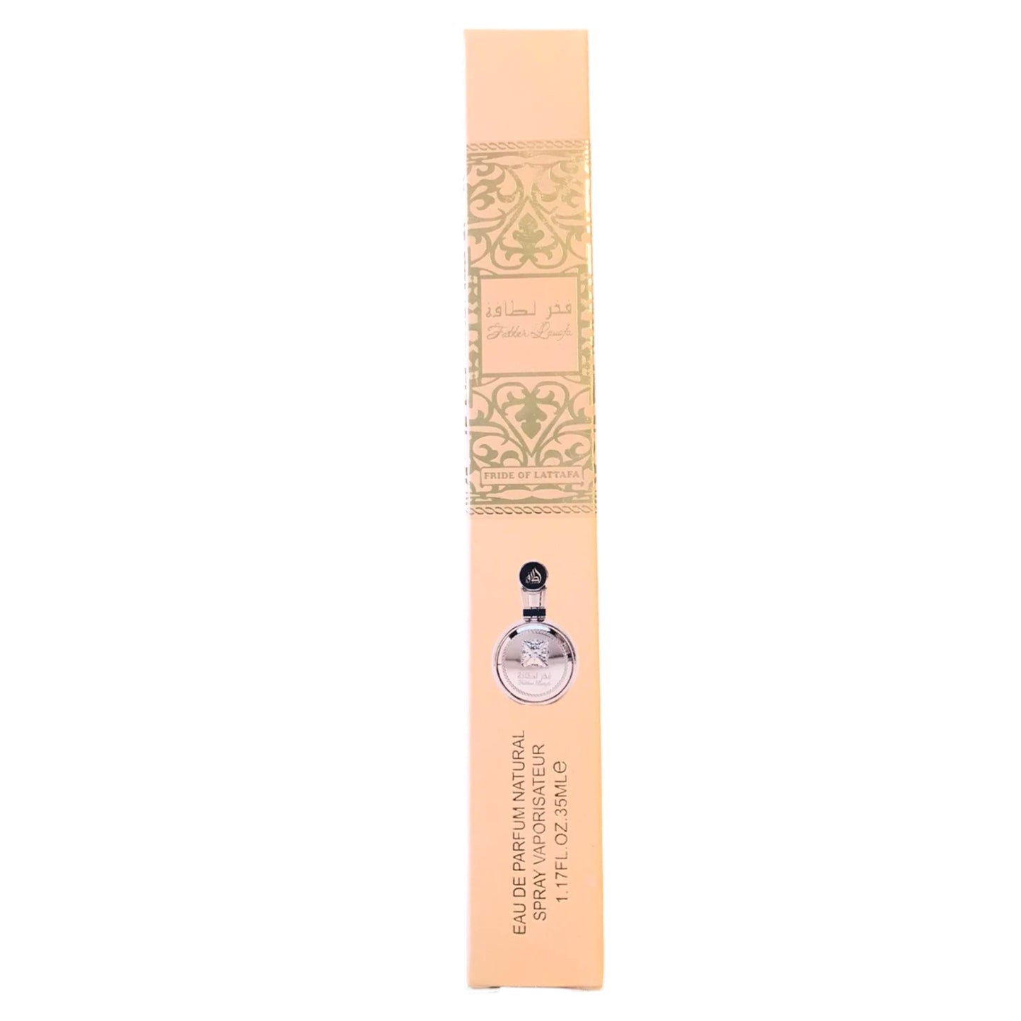 Perfume bottle packaging with decorative label on a white background