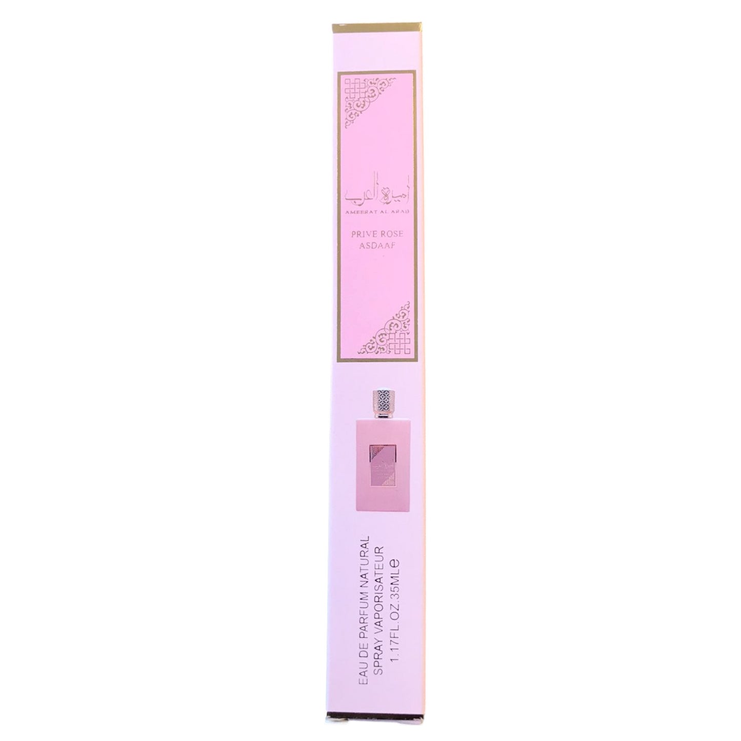 Pink perfume bottle packaging on a white background