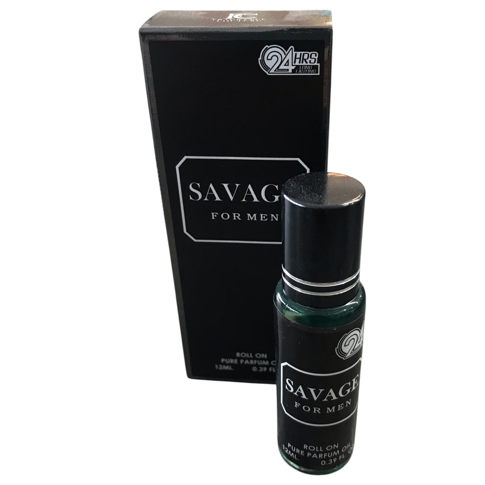 Savage for Men roll-on perfume bottle with packaging on a white background