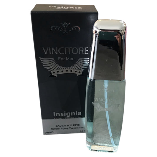 Vincitore for Men perfume bottle with packaging on a white background