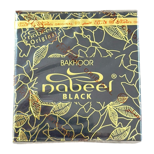 Packaging of Nabeels Bukhoor Black incense with black background featuring golden leaves and the brand name in gold lettering.