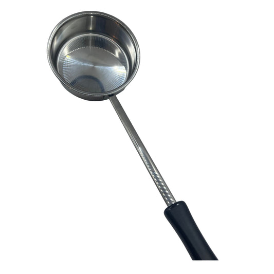 A traditional Habesha jebena coffee roaster with a metallic bowl and a black handle.