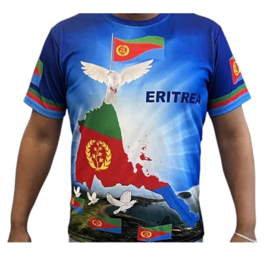 A T-shirt featuring the Eritrean flag with a blue background and a white dove design