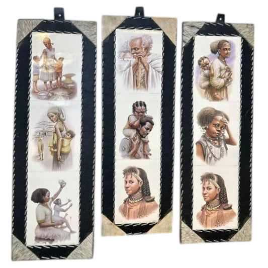 A set of three vertical wall hangings featuring traditional Eritrean ethnic groups, with each panel depicting different characters in cultural attire.