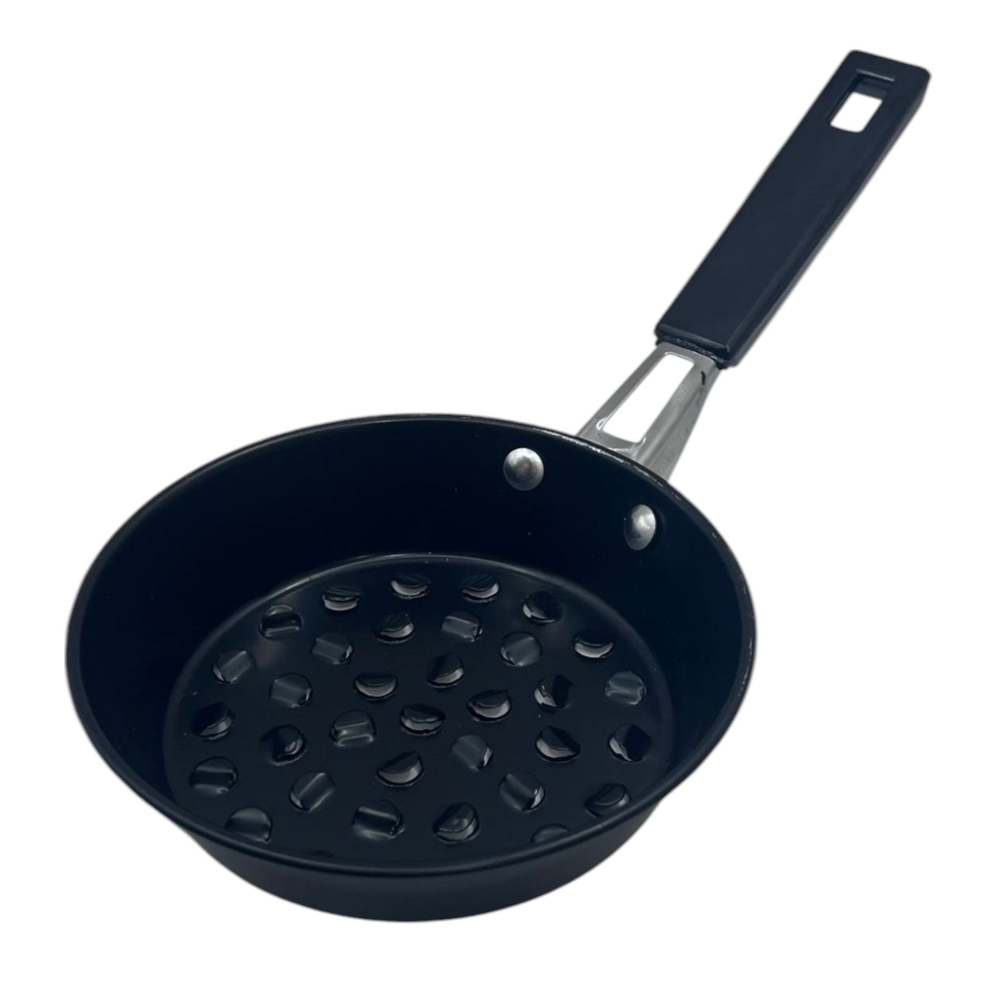 A traditional black Ethiopian Jebena coffee beans roaster with a handle.