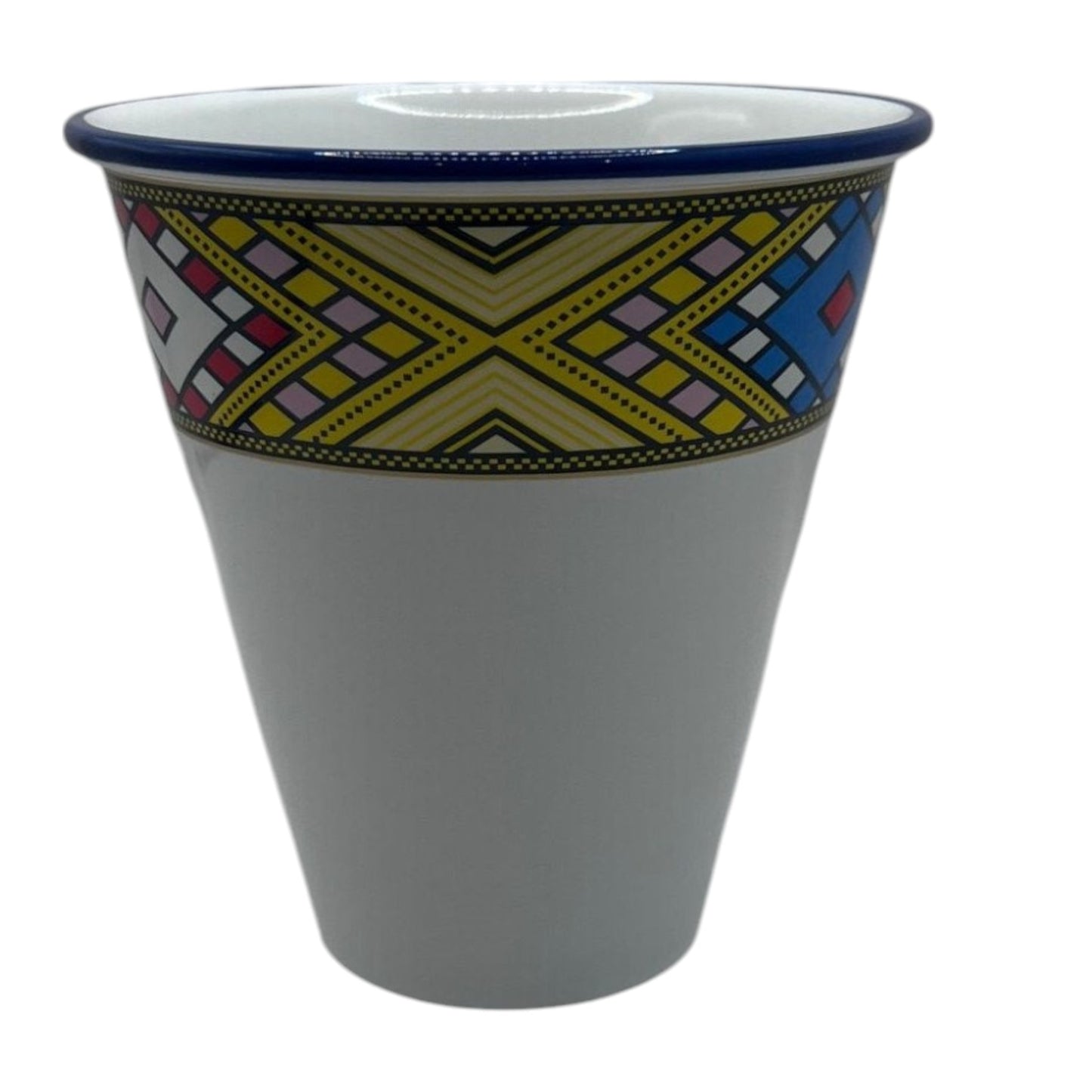 A ceramic serving cup with geometric patterned design around the top edge.