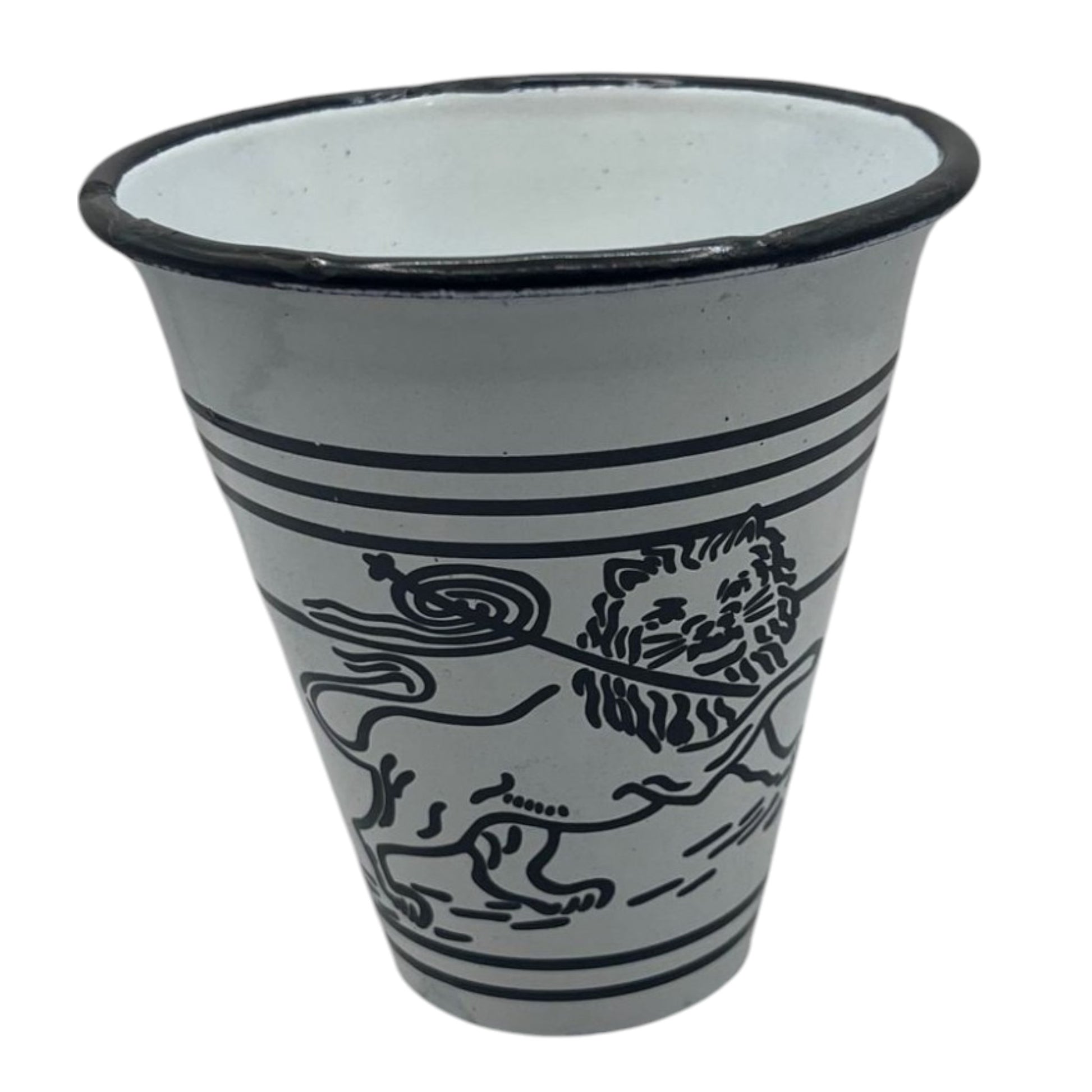A traditional ceramic serving cup with black patterns on a white background.
