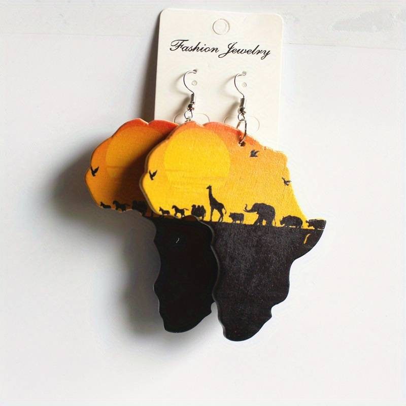 A pair of dangle earrings with a map of Africa design, featuring colors and patterns representative of the continent.
